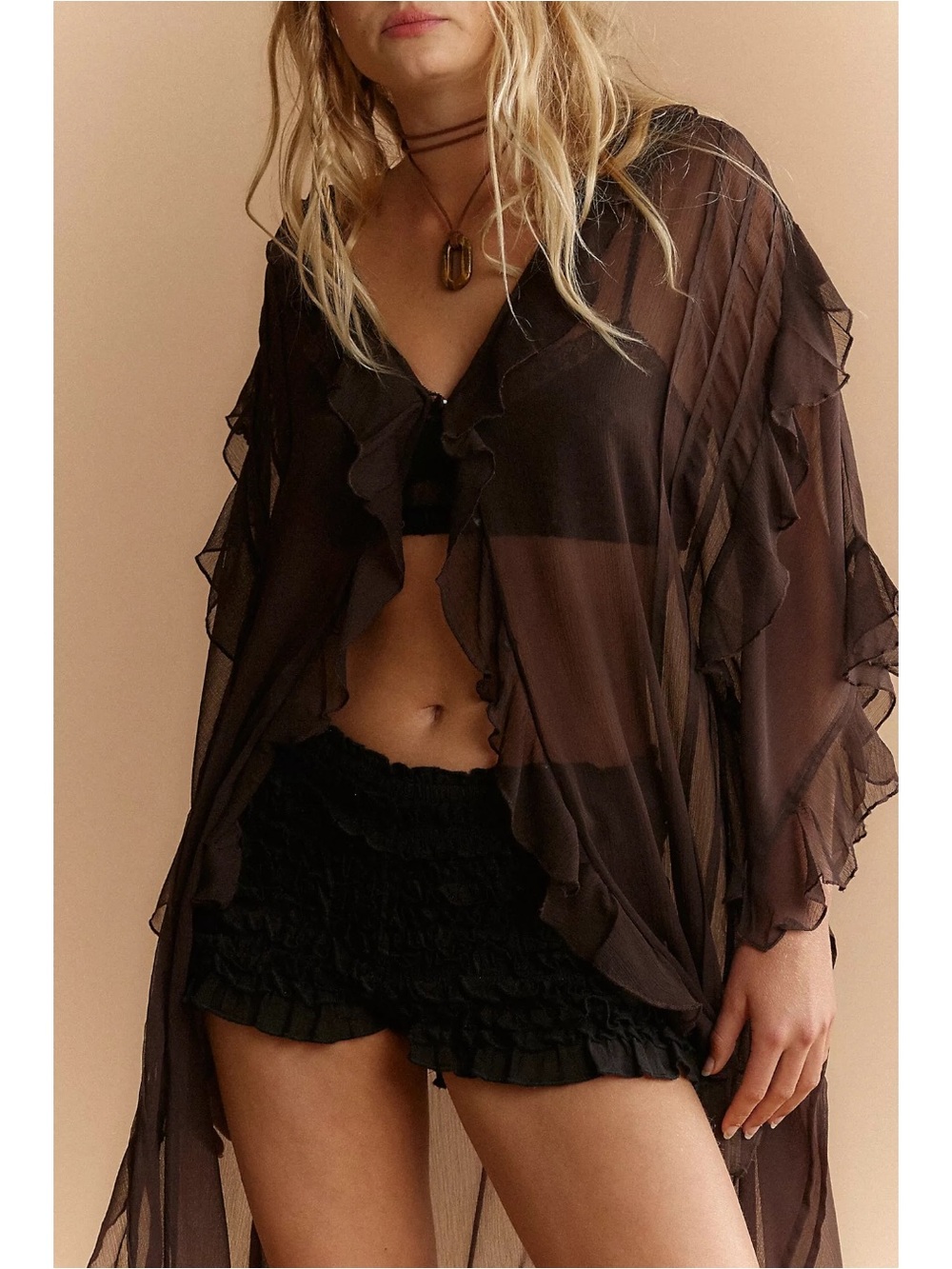 Free People Ethereal Witchy Bohemian Winter Valley Ruffle Kimono Brown One Size